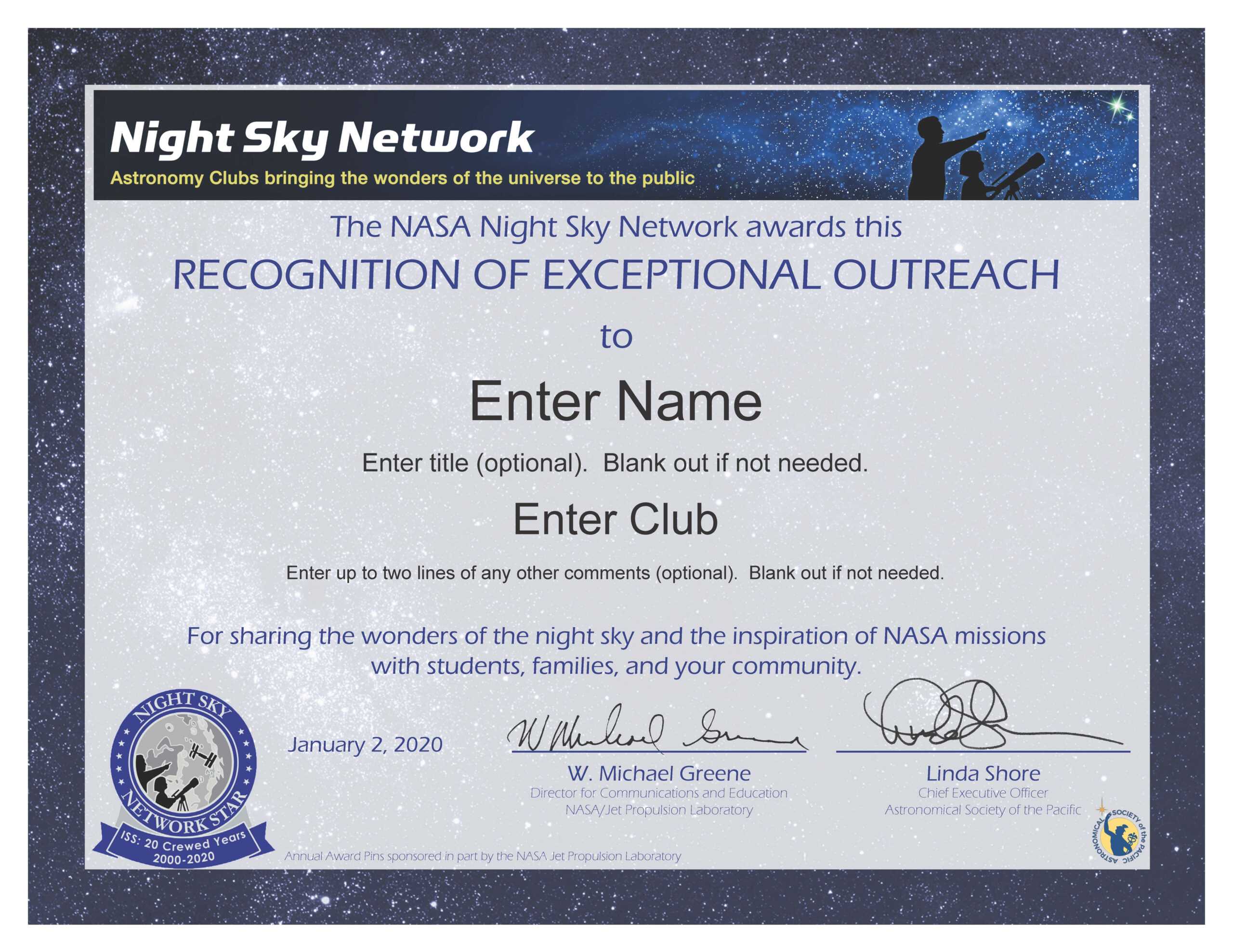 Nsn Astronomy Outreach Award Certificate (For Service In Pertaining To Borderless Certificate Templates