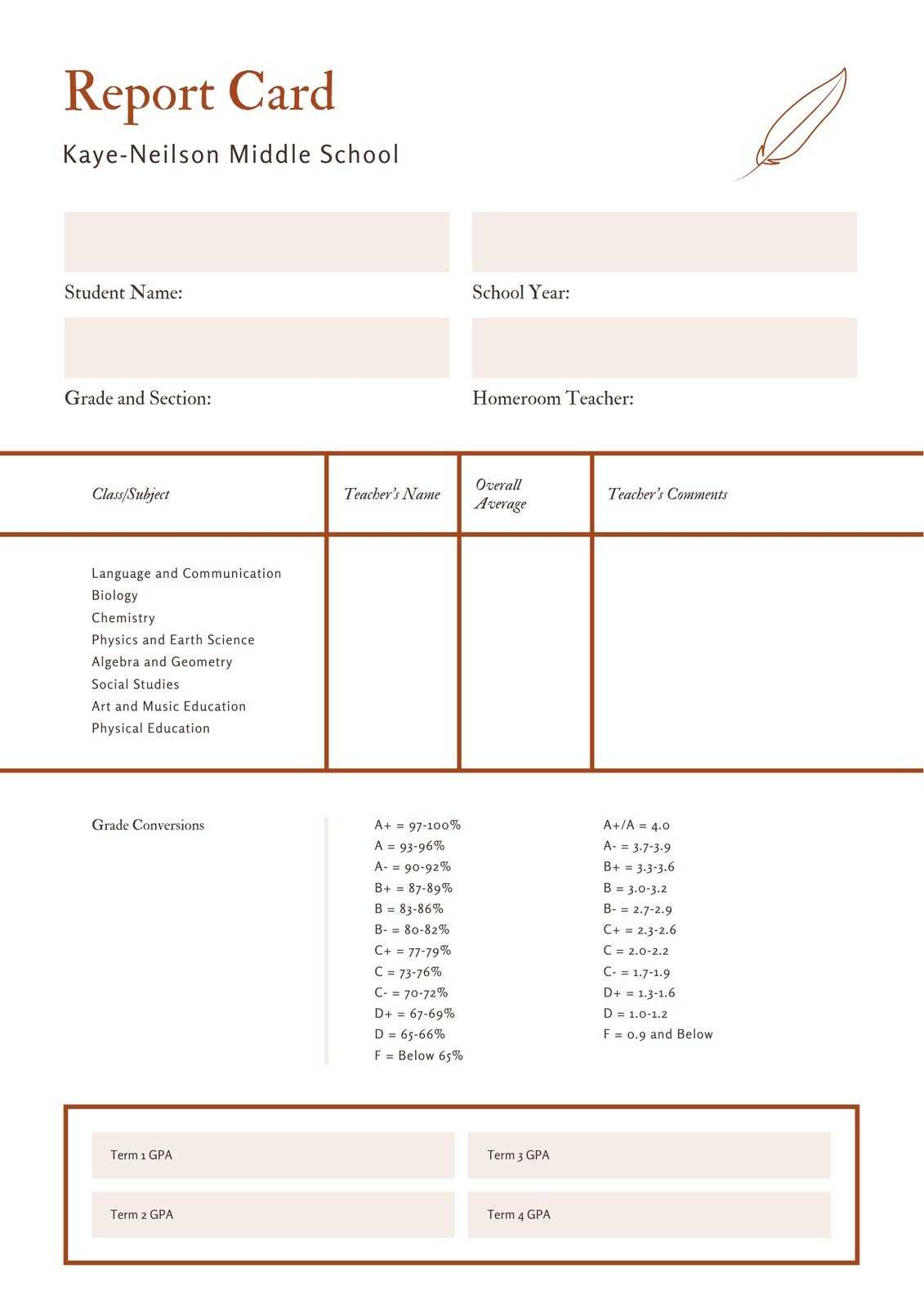 Orange And White Paper And Quill Middle School Report Card Inside Report Card Template Middle School