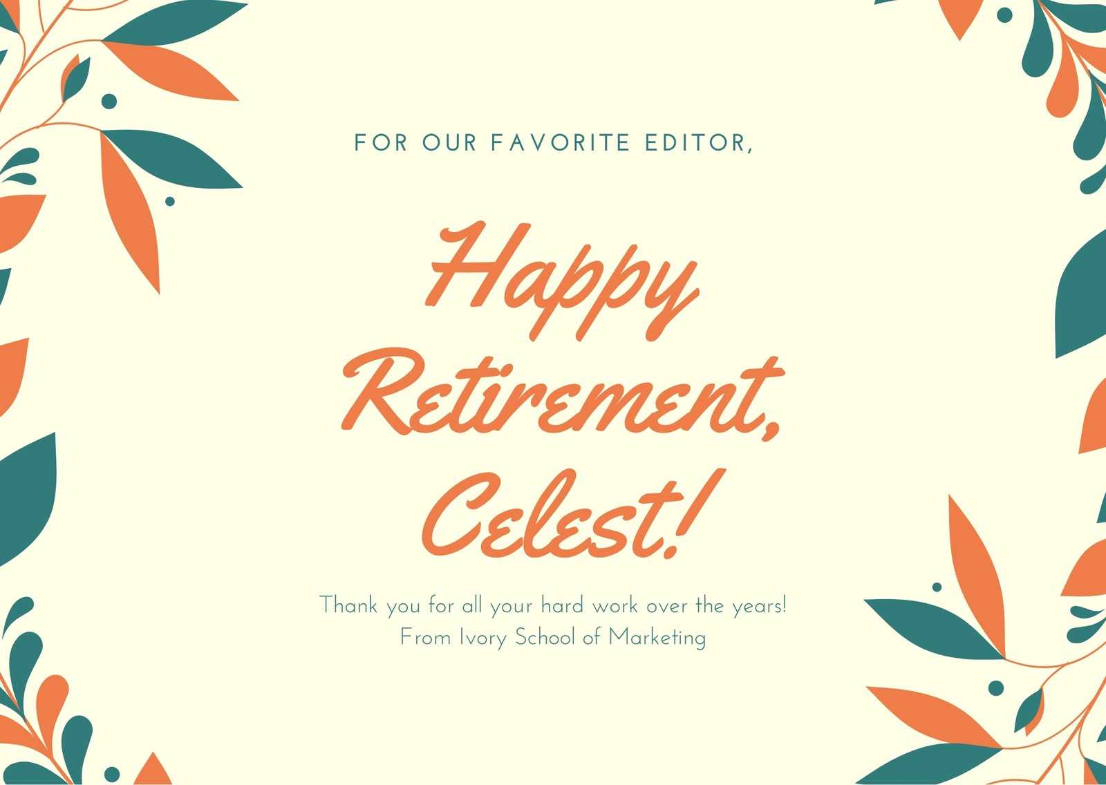 Orange Dark Teal Illustrated Wreath Retirement Card For Retirement Card Template