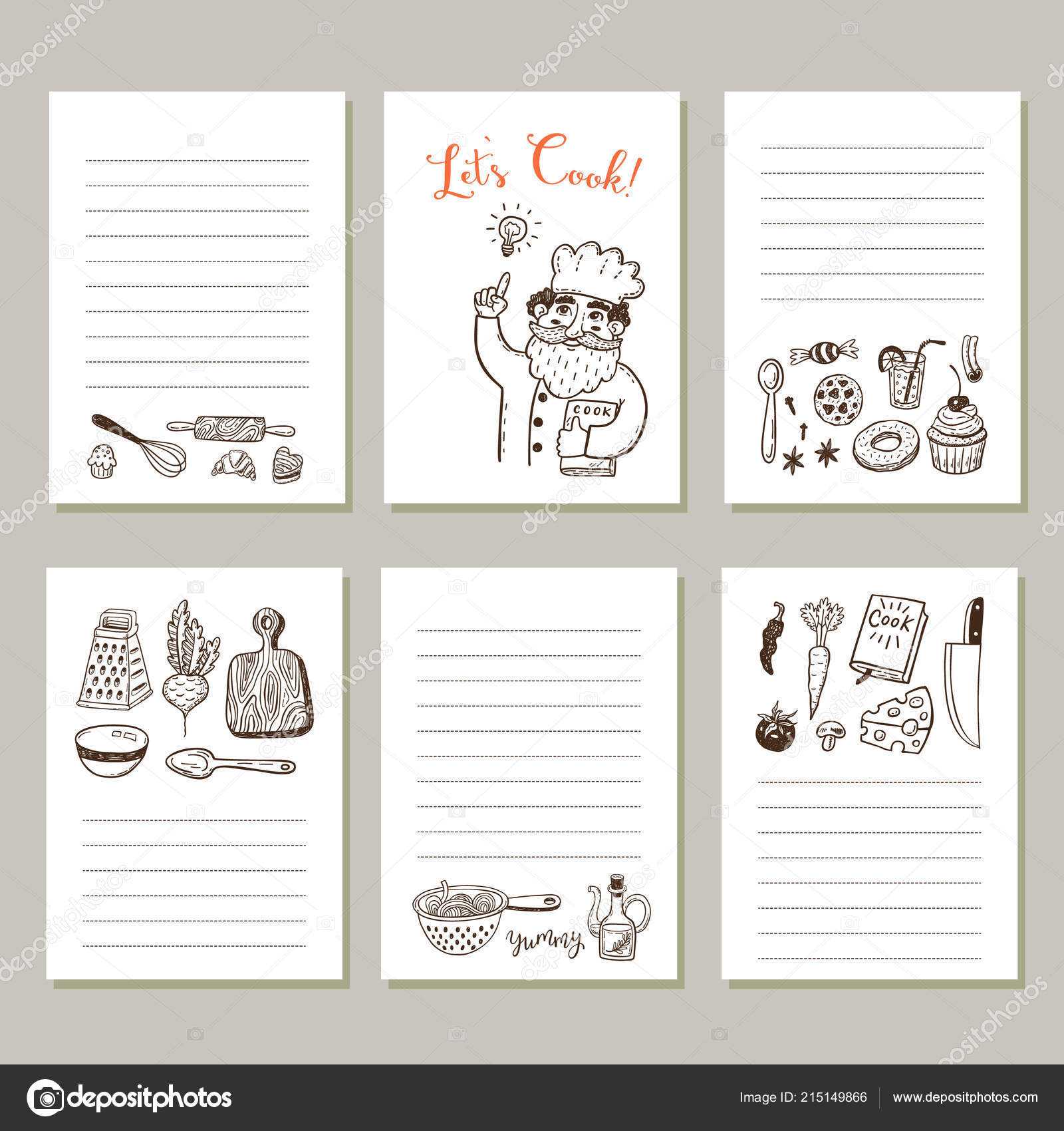 Page Template Set Notes Cooking Recipe Cards Hand Drawn Within Recipe Card Design Template