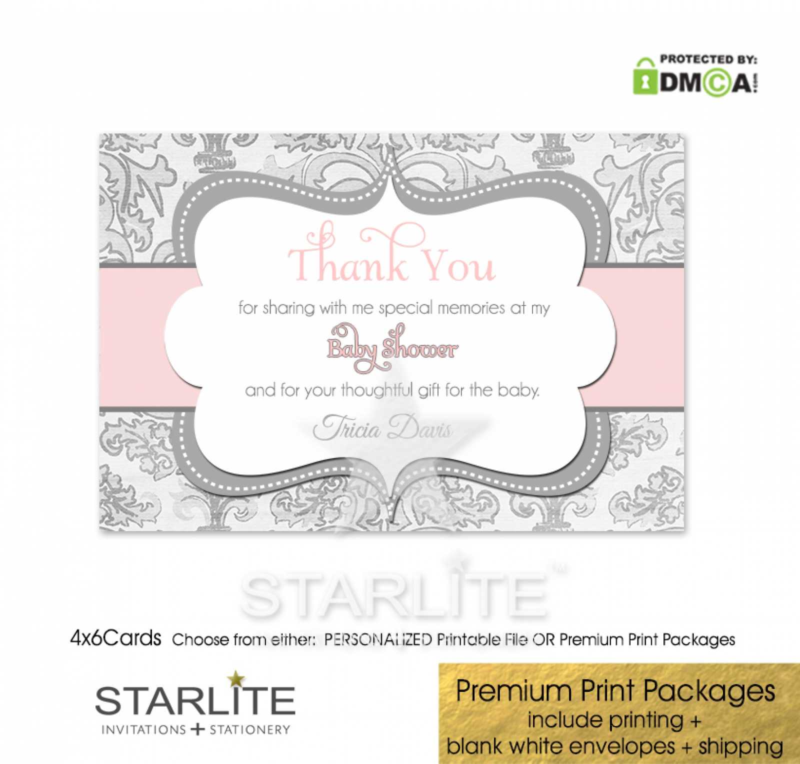 Pink And Gray Grey Shimmer Baby Shower Thank You Card Baby Girl 4X6 Inside Template For Baby Shower Thank You Cards
