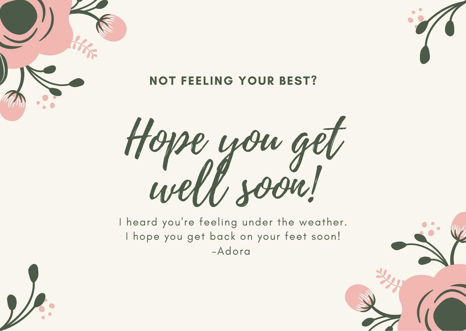 Pink & Green Floral Simple Get Well Soon Card – Templates With Get Well Card Template