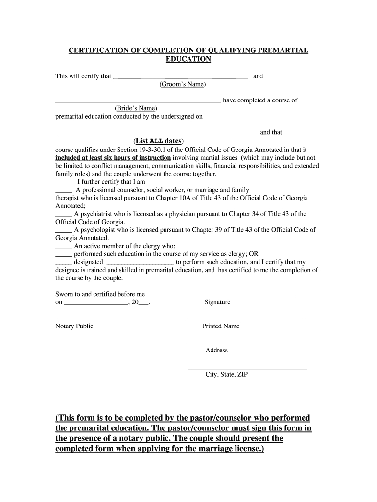 Premarital Counseling Certificate – Fill Online, Printable Regarding Premarital Counseling Certificate Of Completion Template