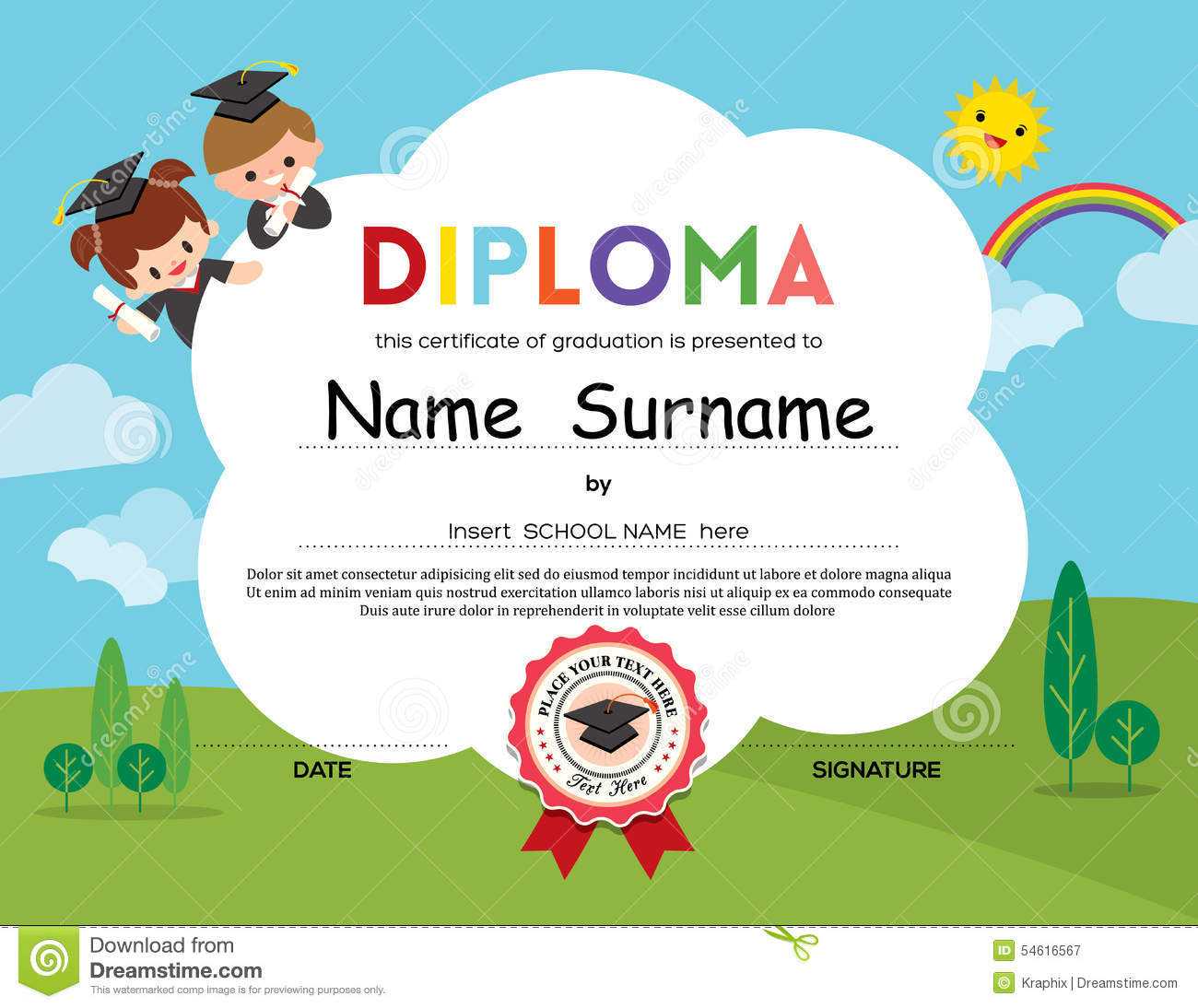 Preschool Elementary School Kids Diploma Certificate With Regard To Running Certificates Templates Free