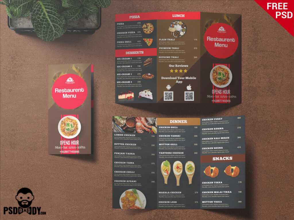 Restaurant Trifold Menu Card | Psddaddy Inside Tri Fold Tent Card Template