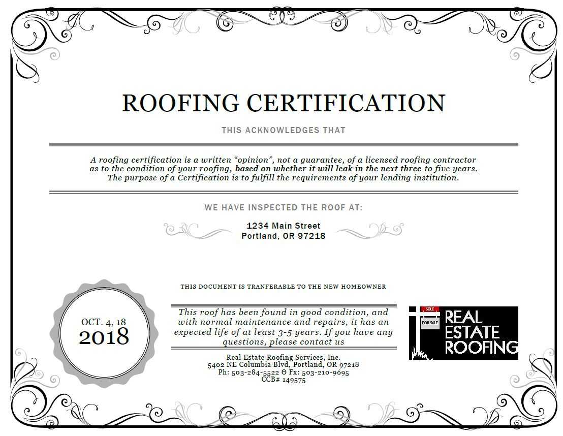 Roof Certification: Sample | Real Estate Roofing Intended For Roof Certification Template