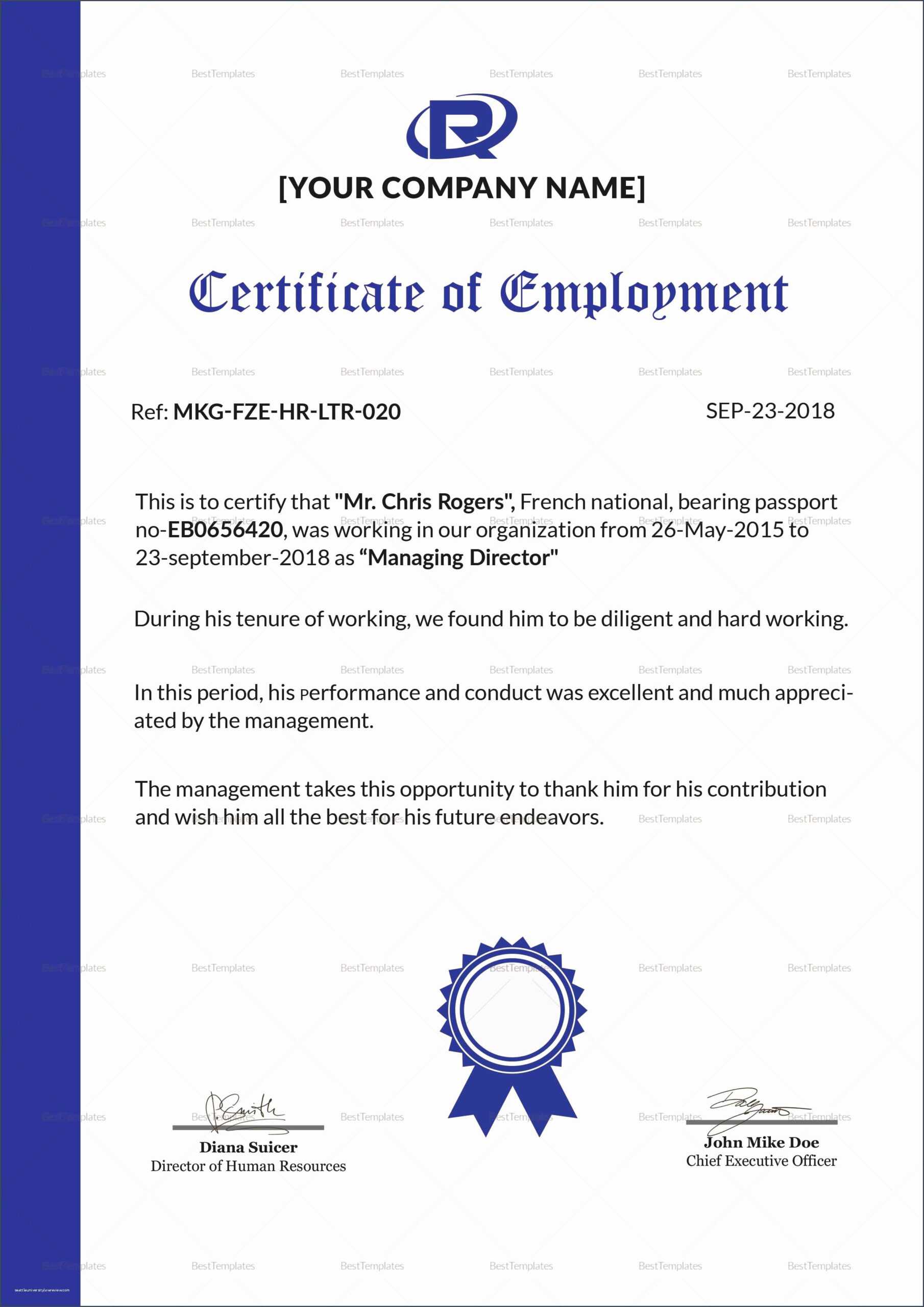 Sample Certificate Employment Template – Calep.midnightpig.co For Template Of Certificate Of Employment