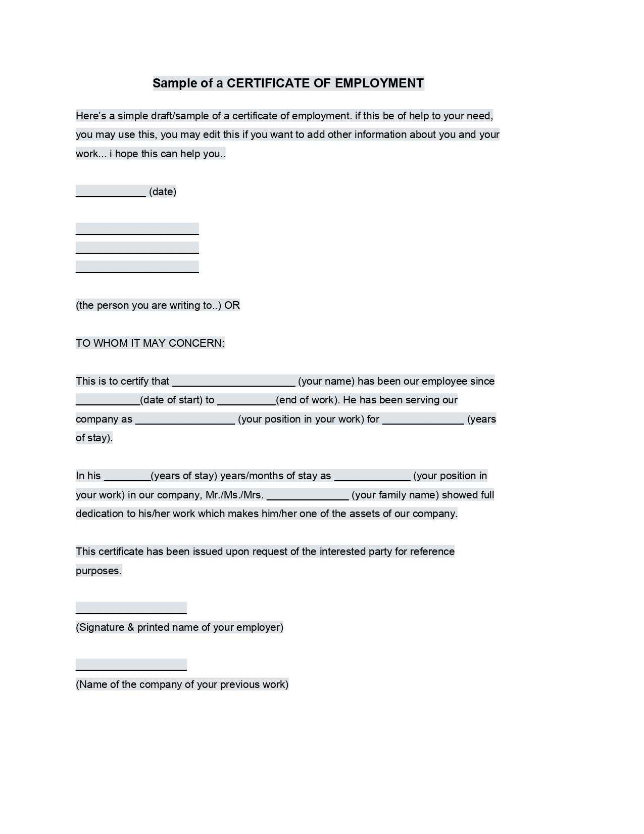Sample Employment Certificate From Employer – Google Docs Within Template Of Certificate Of Employment