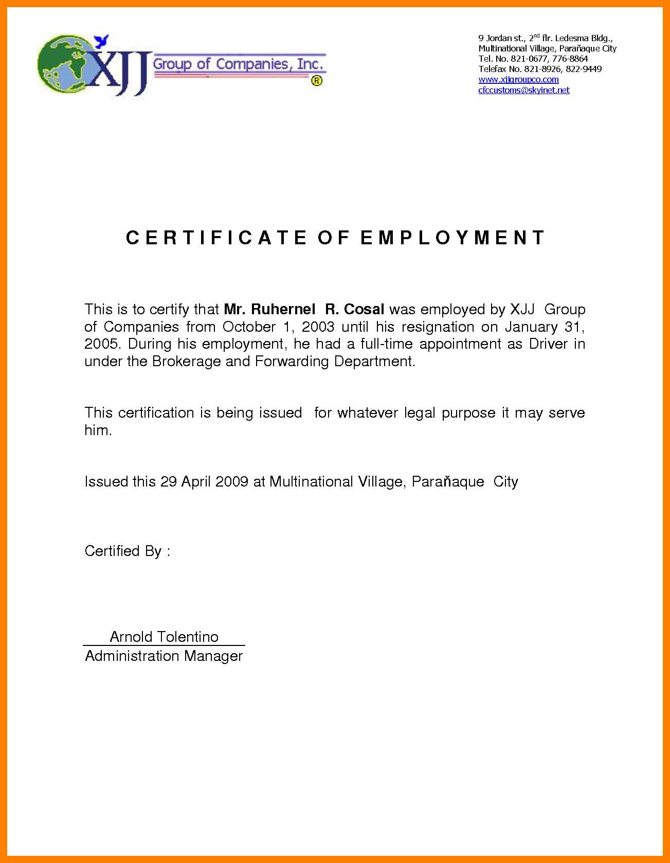 Sample For Certificate Of Employment - Calep.midnightpig.co For Employee Certificate Of Service Template