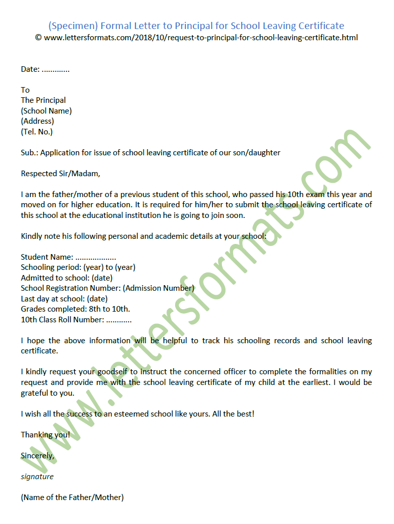 Sample Formal Letter To Principal For School Leaving Certificate Regarding School Leaving Certificate Template