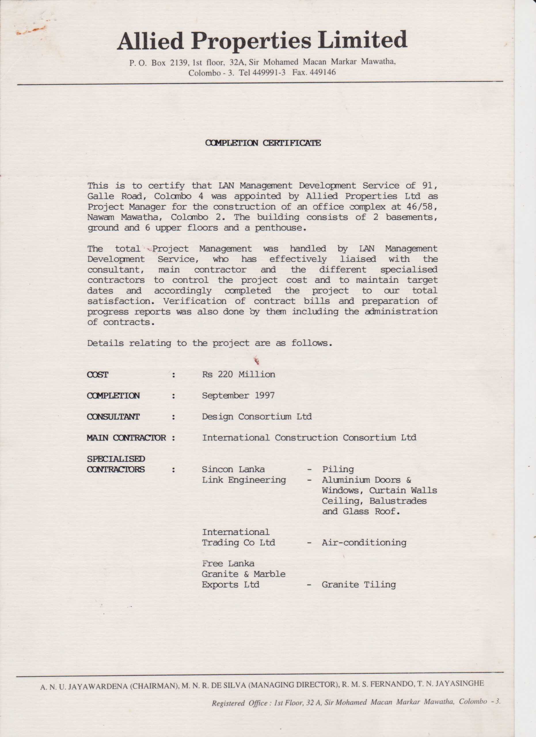 Sample Of Certificate Of Completion Of Construction Project Intended For Certificate Of Completion Template Construction
