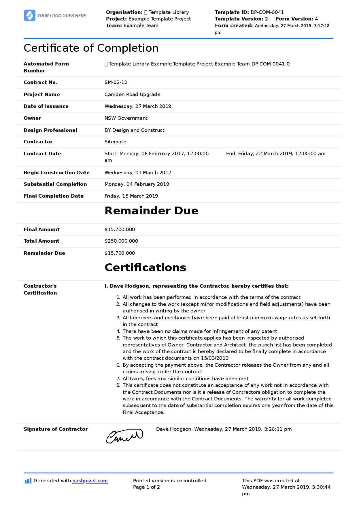 Sample Of Certificate Of Completion Of Construction Project With Regard To Jct Practical Completion Certificate Template