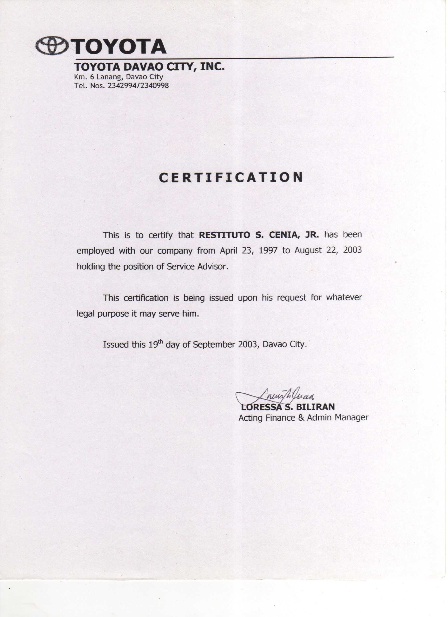 Sample Of Certification Of Employment Letter – Dalep Inside Employee Certificate Of Service Template