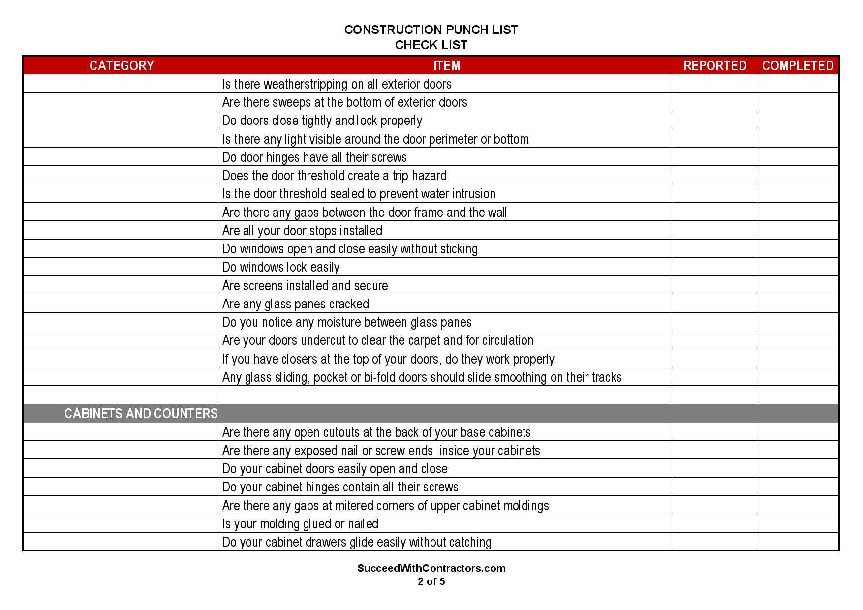 Sample Punch List Throughout Certificate Of Substantial Completion Template