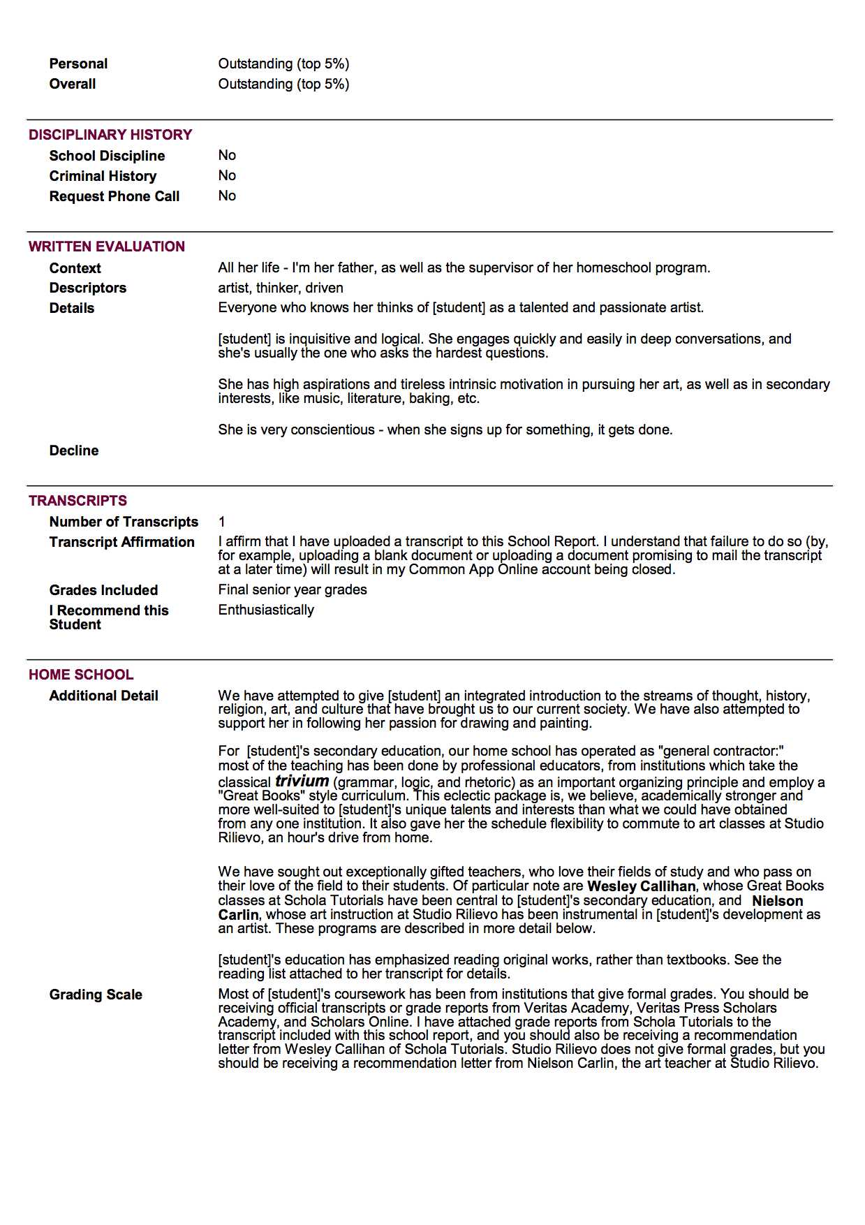 Sample School Report And Transcript (For Homeschoolers Pertaining To Homeschool Middle School Report Card Template