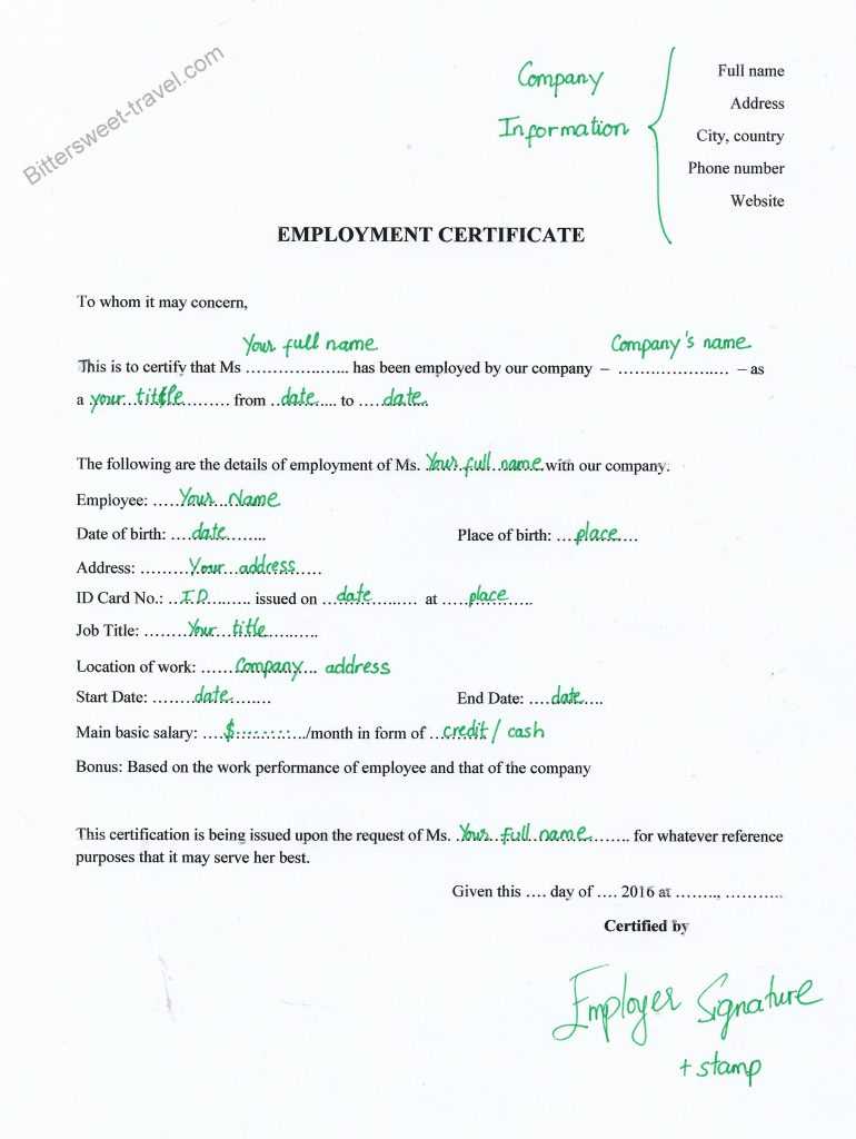 Schengen Visa Application Documents: Employment Certificate Inside Certificate Of Employment Template