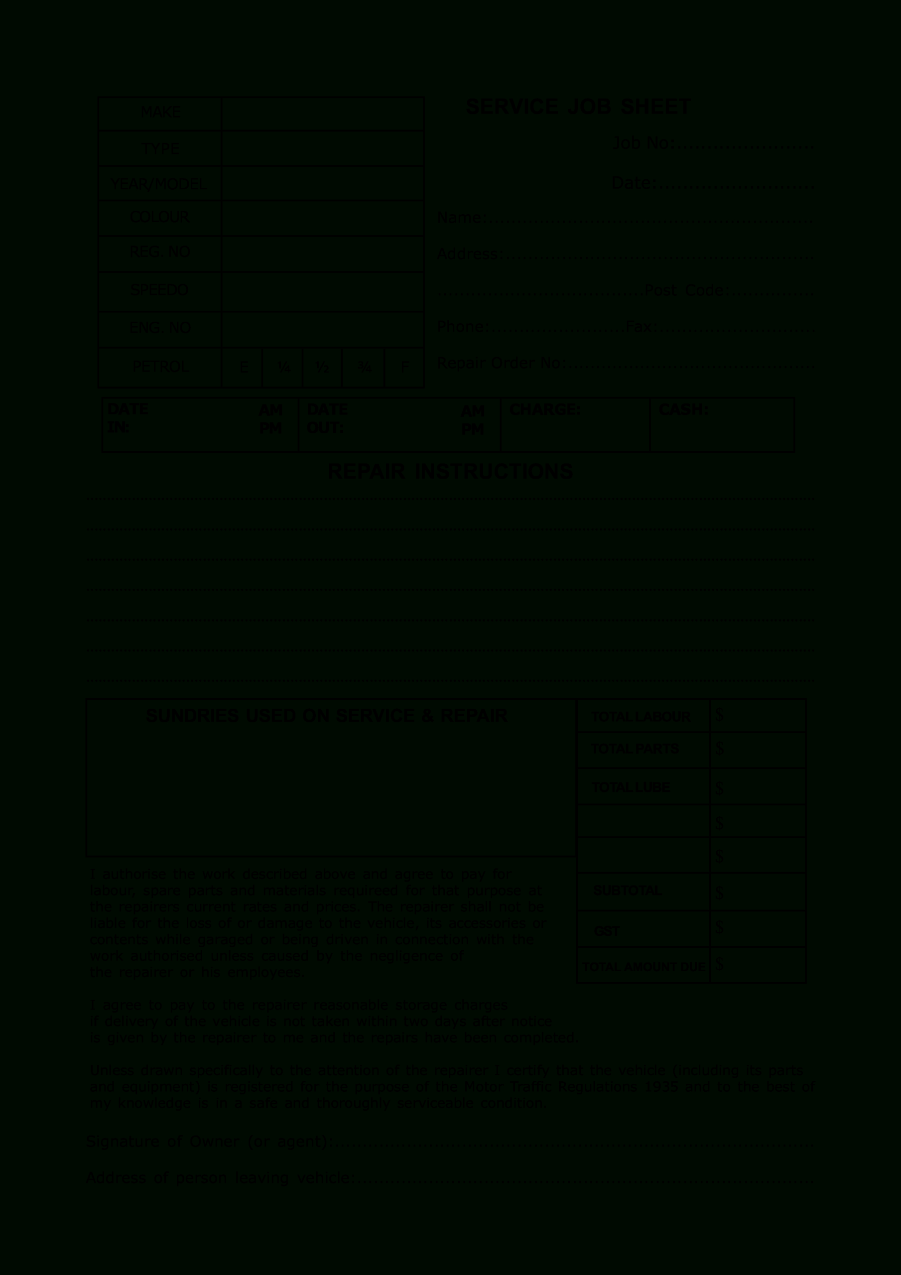 Service Job Sheet Template – Dalep.midnightpig.co Throughout Service Job Card Template