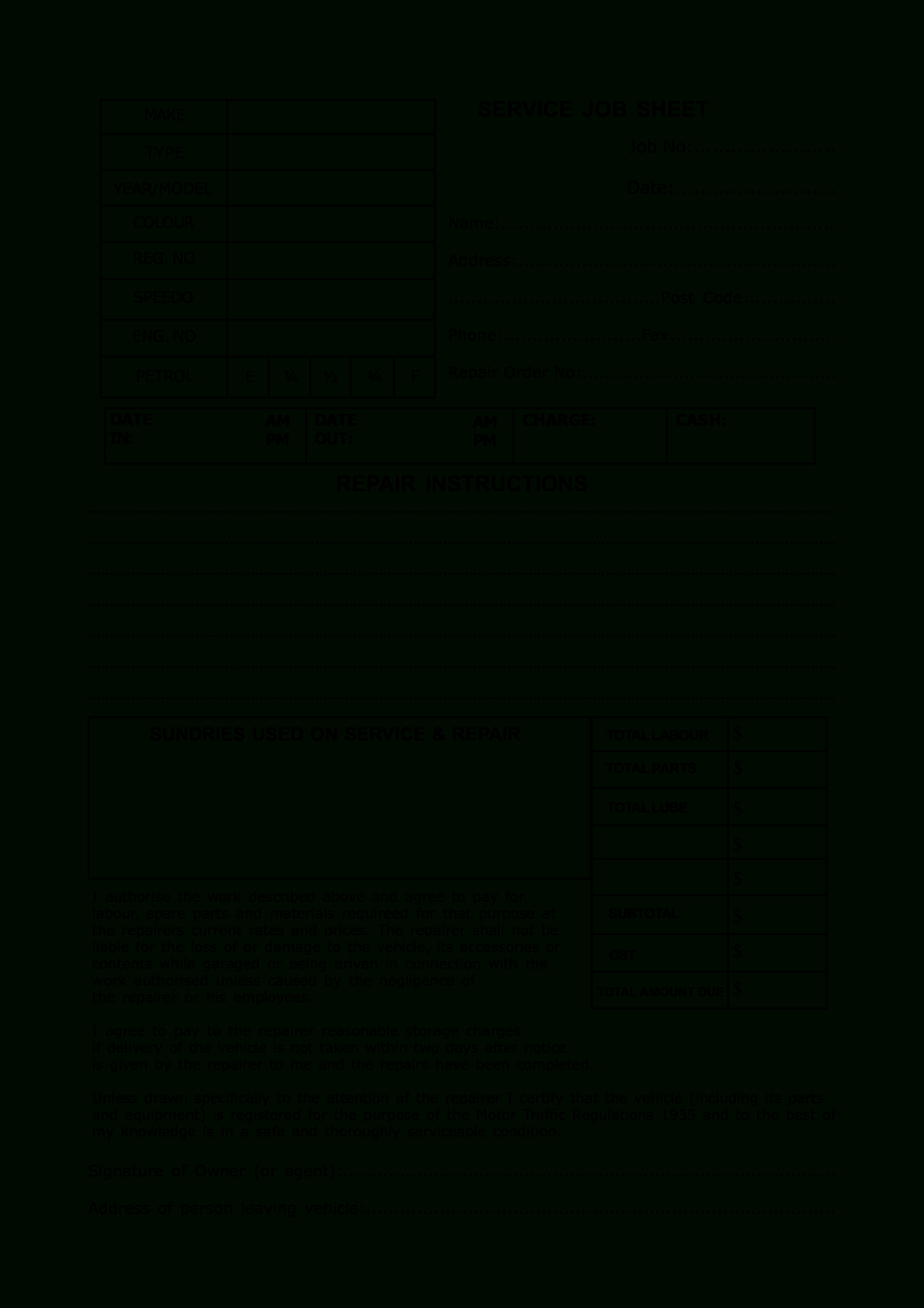 Service Job Sheet Template – Dalep.midnightpig.co With Maintenance Job Card Template