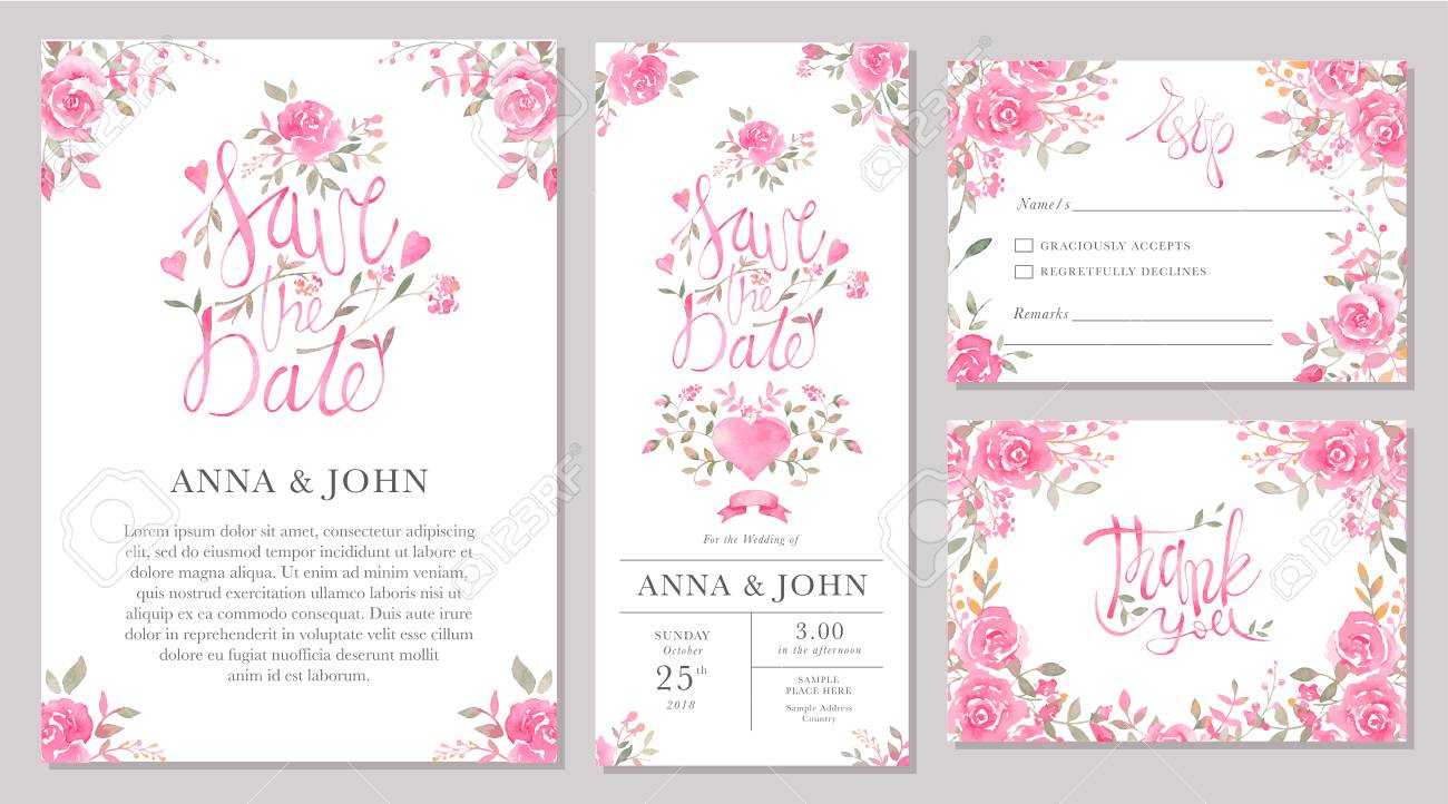 Set Of Wedding Invitation Card Templates With Watercolor Rose.. Regarding Sample Wedding Invitation Cards Templates