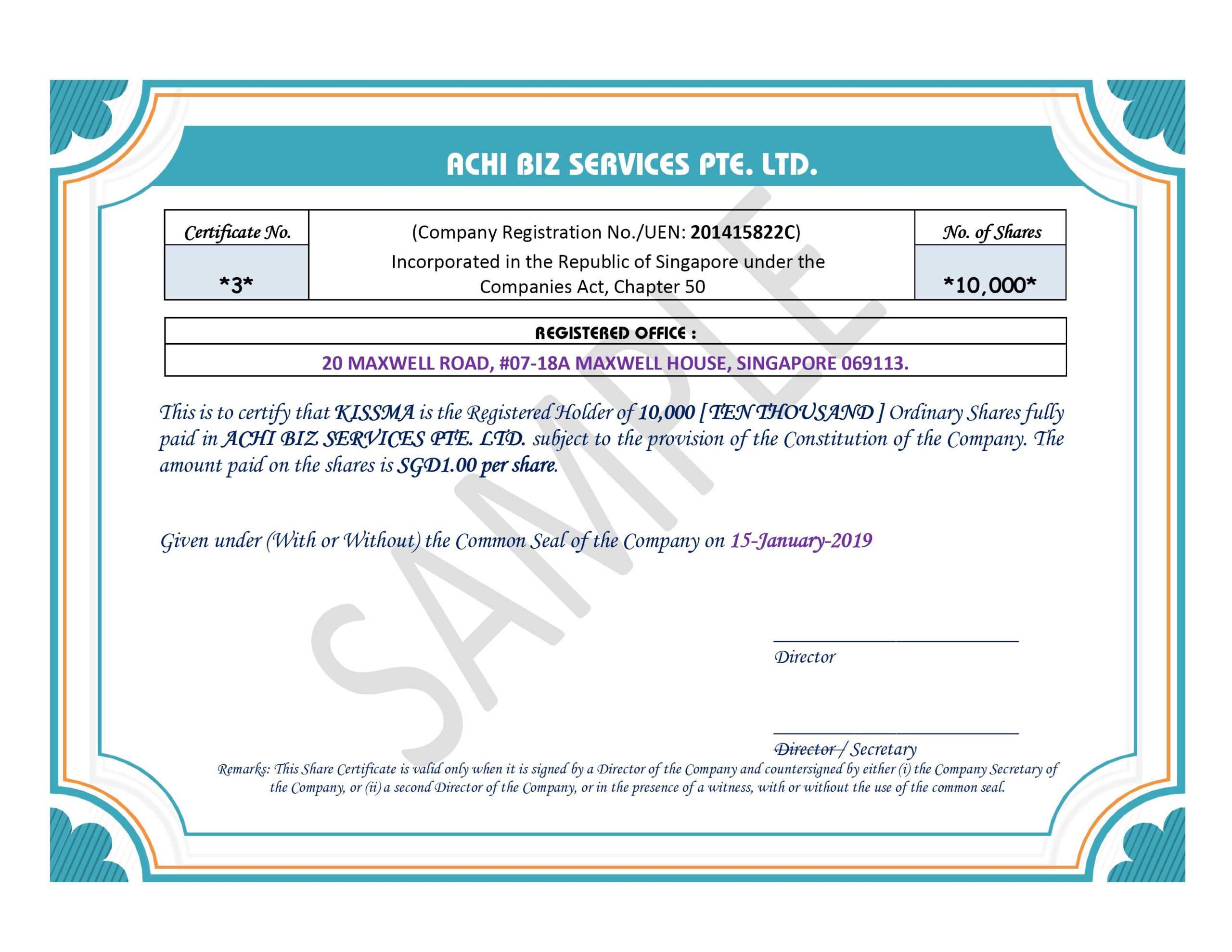 Share Certificate In Singapore ~ Achibiz Pertaining To Share Certificate Template Companies House