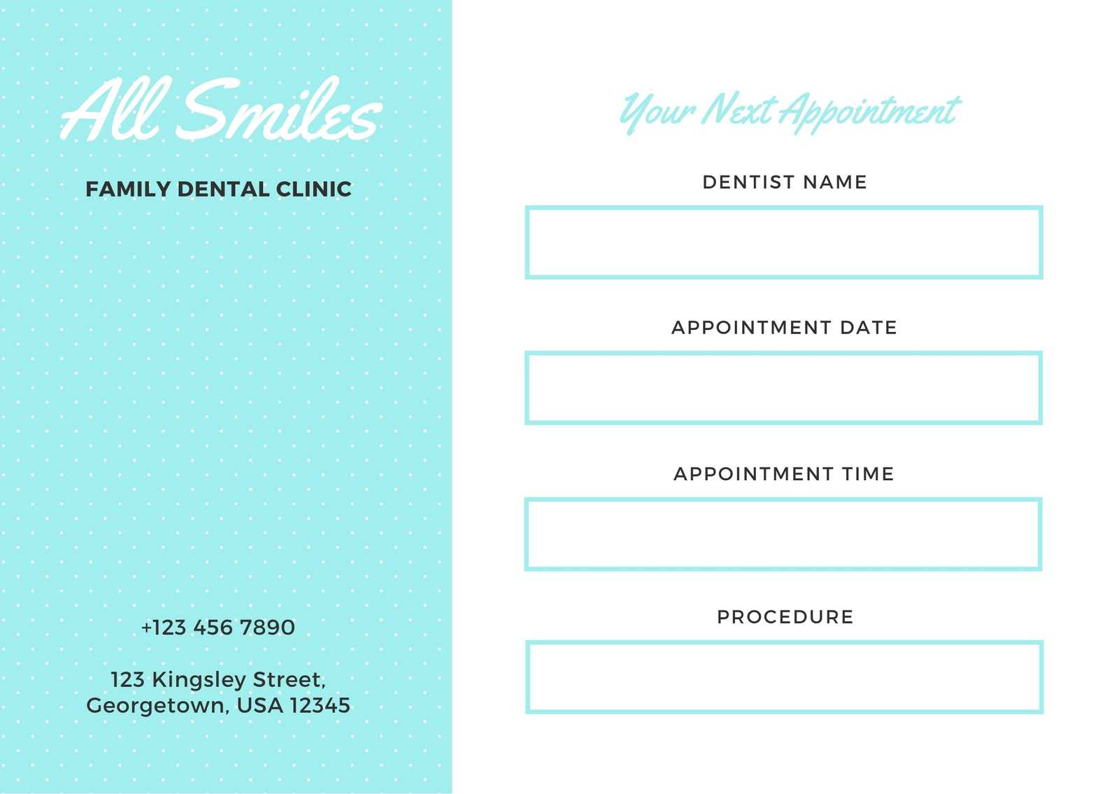 Simple Aqua And White Dentist Appointment Card - Templates Pertaining To Dentist Appointment Card Template