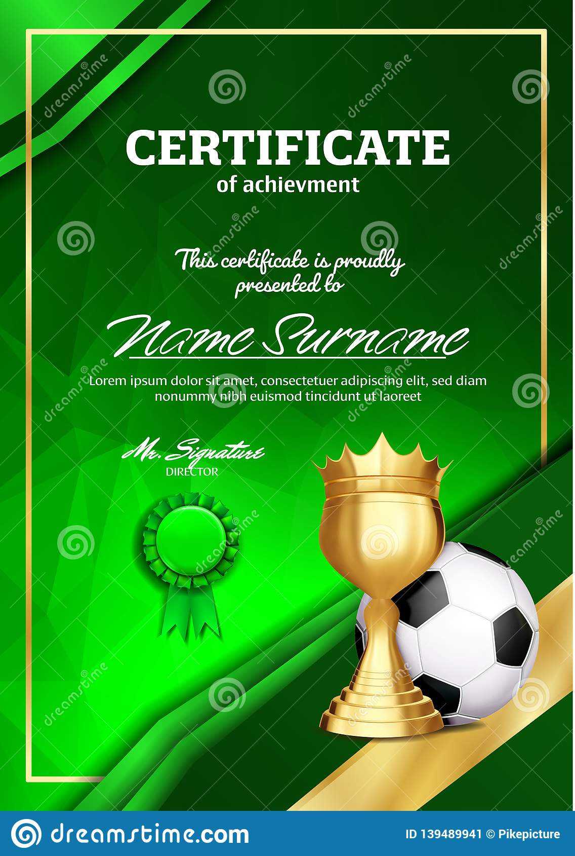 Soccer Certificate Diploma With Golden Cup Vector. Football Throughout Soccer Certificate Template Free