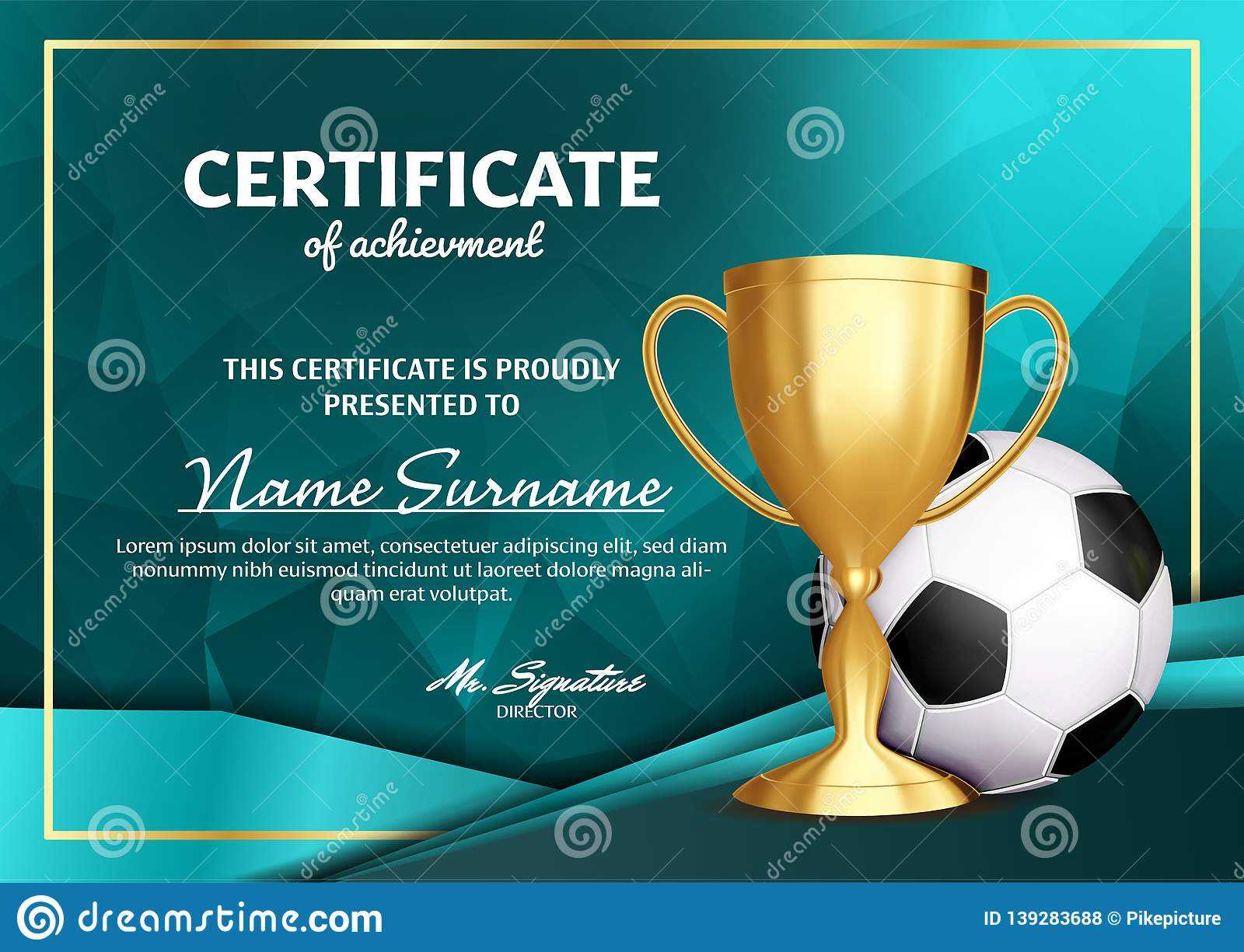 Soccer Certificate Diploma With Golden Cup Vector. Football Within Soccer Certificate Template Free