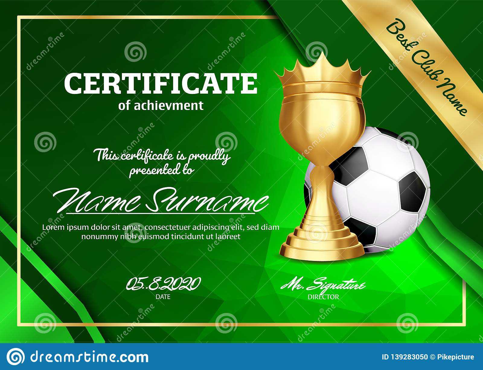 Soccer Certificate Diploma With Golden Cup Vector. Sport With Soccer Award Certificate Template