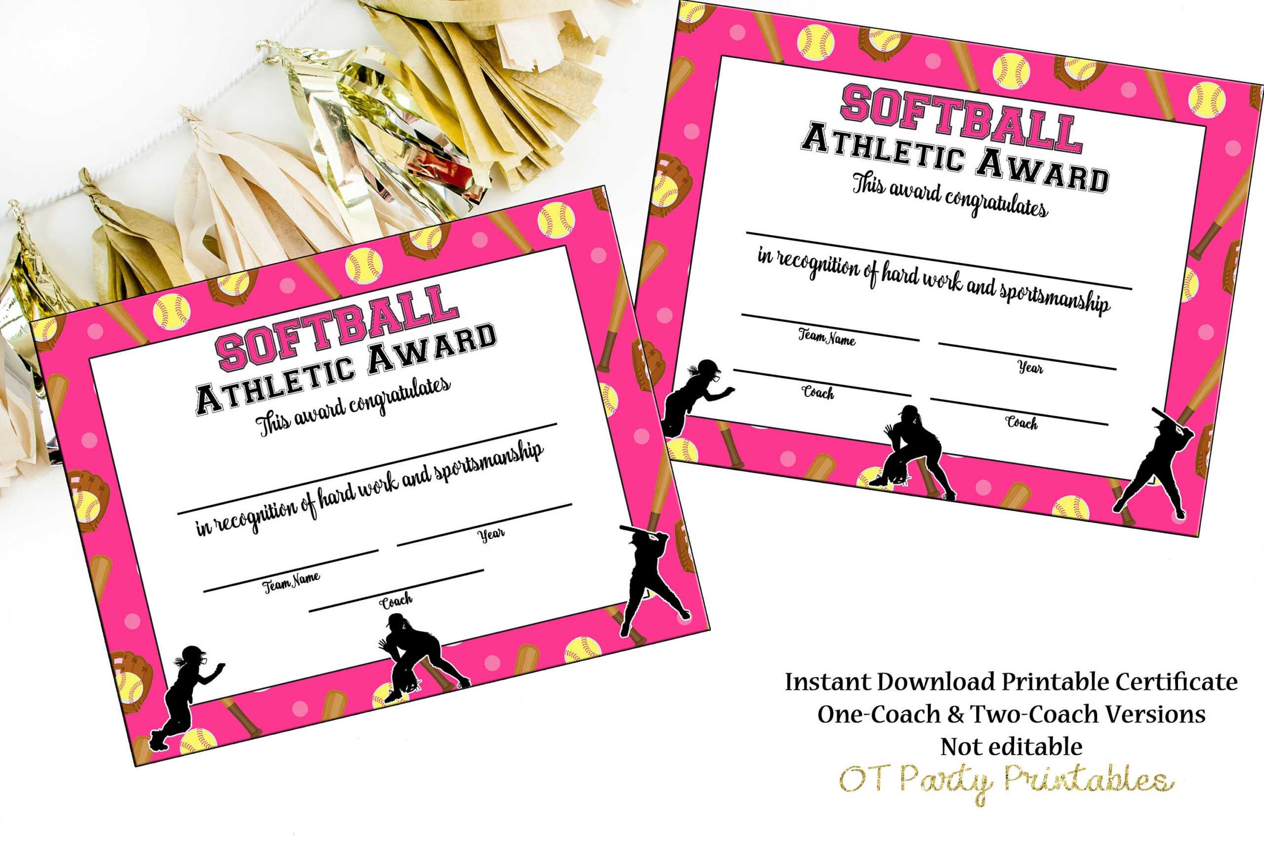 Softball Certificate Of Achievement – Softball Award – Print At Home –  Softball Mvp – Softball Certificate Of Completion – Sports Award Inside Softball Certificate Templates