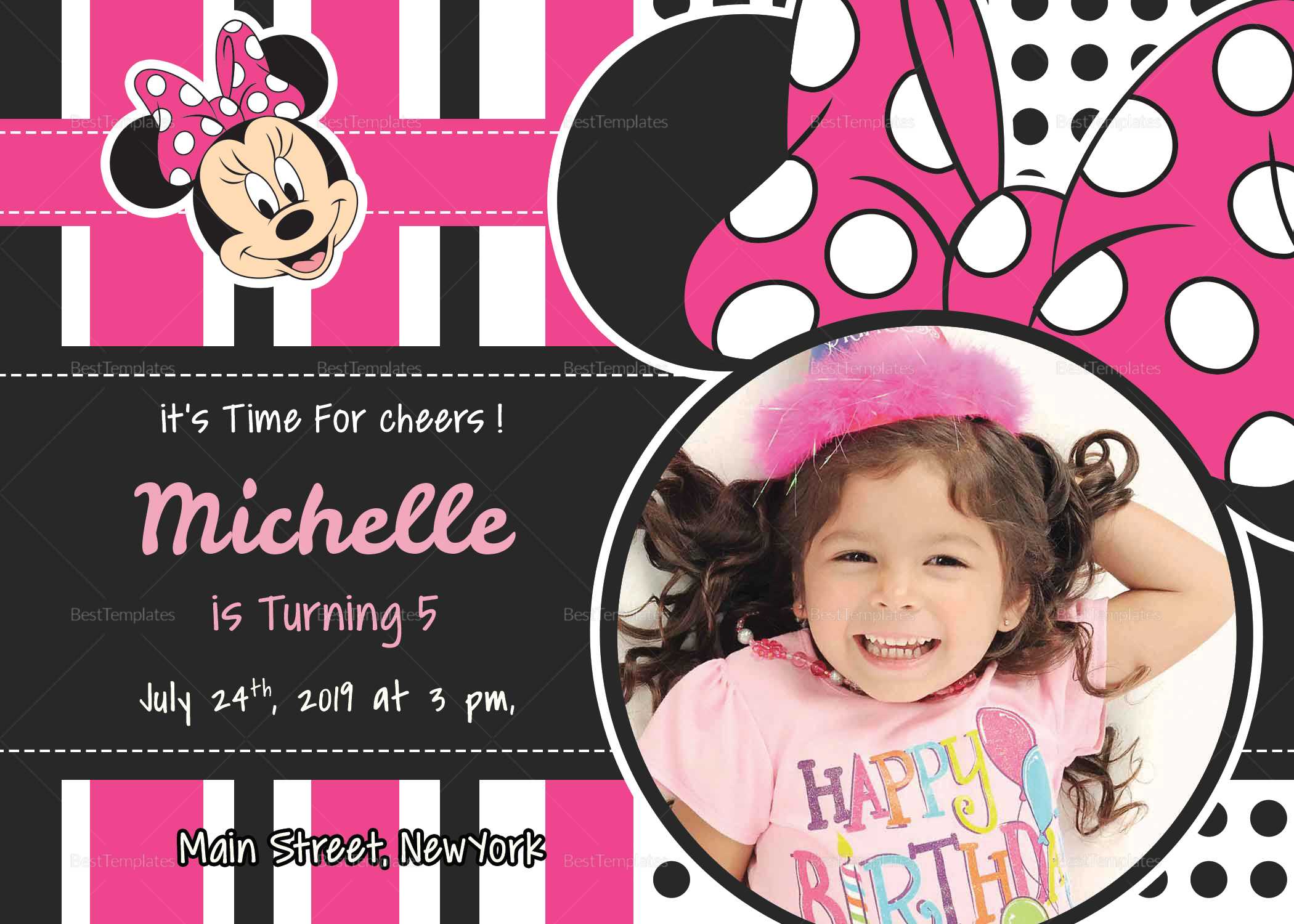 Sparkling Minnie Mouse Birthday Invitation Card Template In Minnie Mouse Card Templates