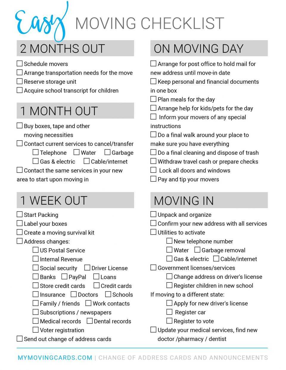 Spreadsheet Moving House Checklist Free Printable Download For Moving Home Cards Template