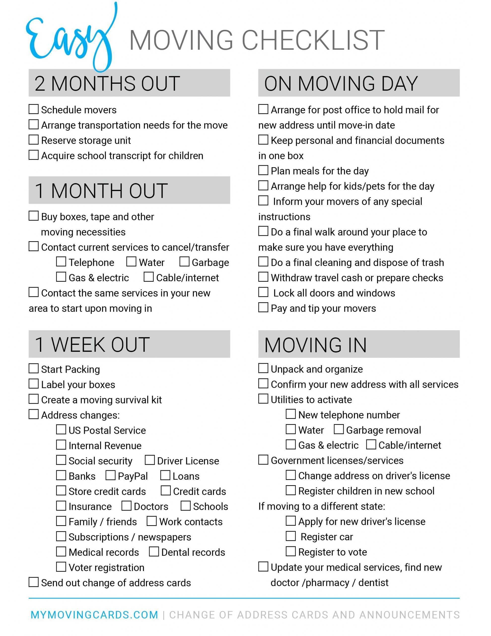 Spreadsheet Moving House Checklist Free Printable Download Throughout Free Moving House Cards Templates