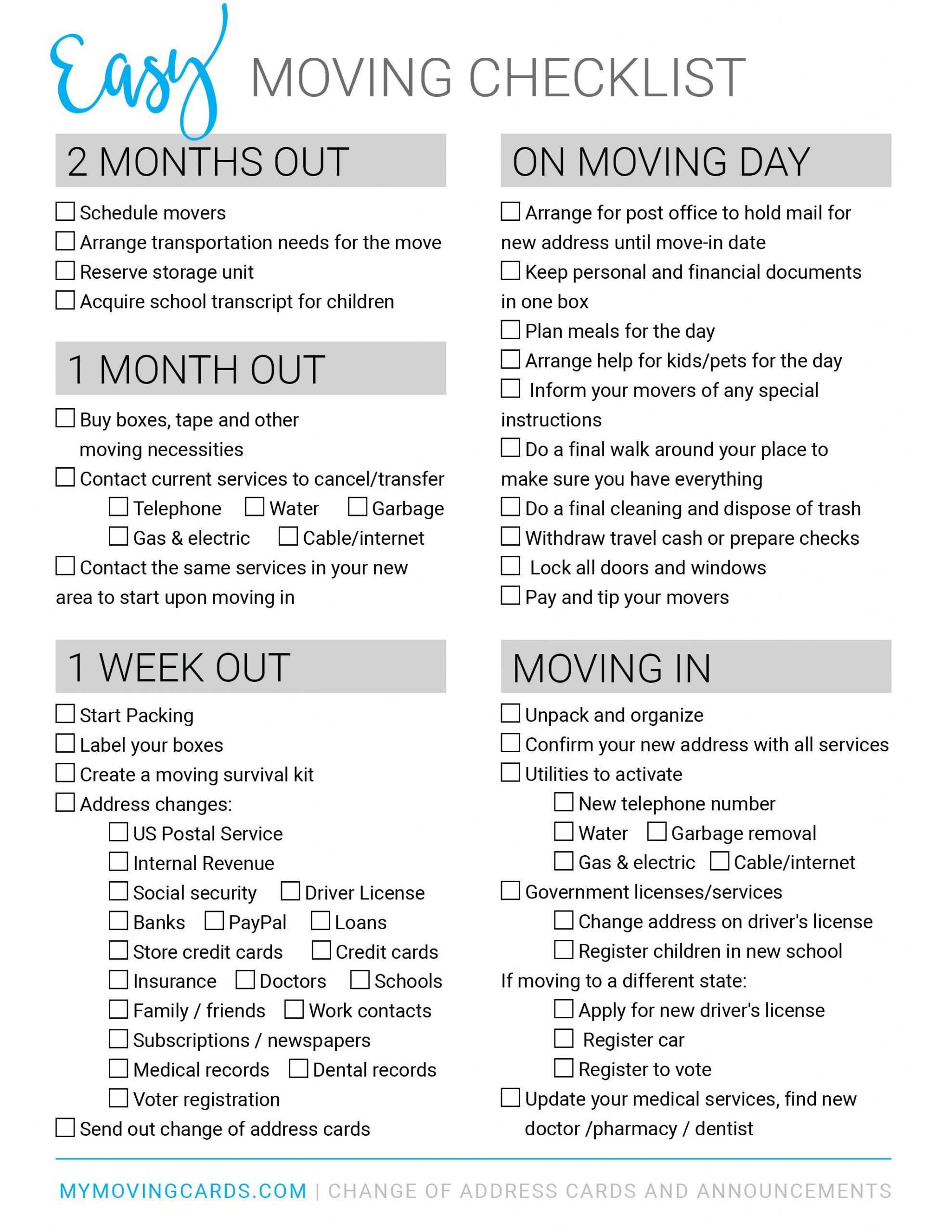 Spreadsheet Moving House Checklist Free Printable Download Throughout Moving House Cards Template Free