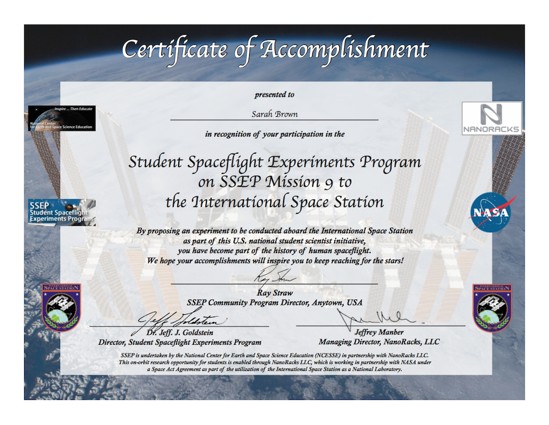 Ssep Mission 9 To Iss Student Certificates Of Accomplishment In Conference Participation Certificate Template