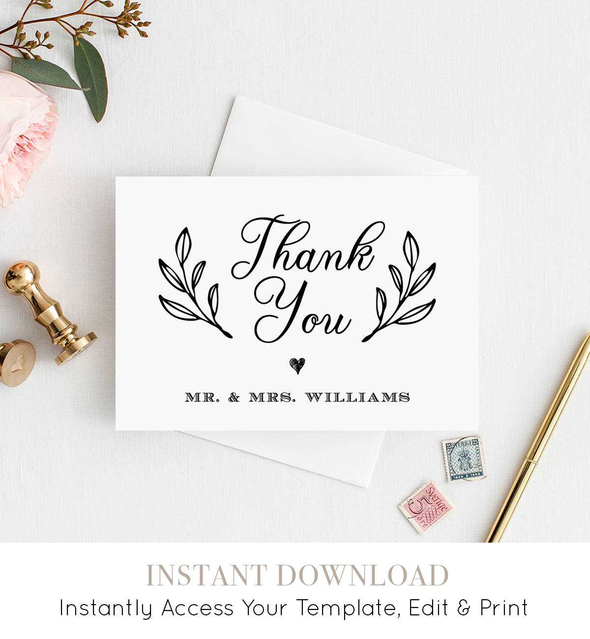Thank You Card Template, Printable Rustic Wedding Thank Intended For Thank You Note Cards Template