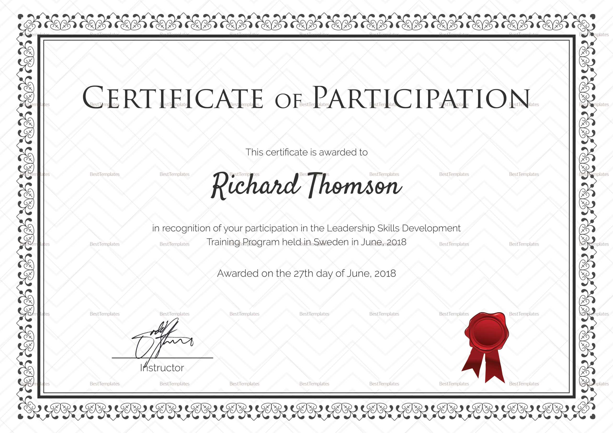 Training Participation Certificate Template With Regard To Certificate Of Participation Template Word