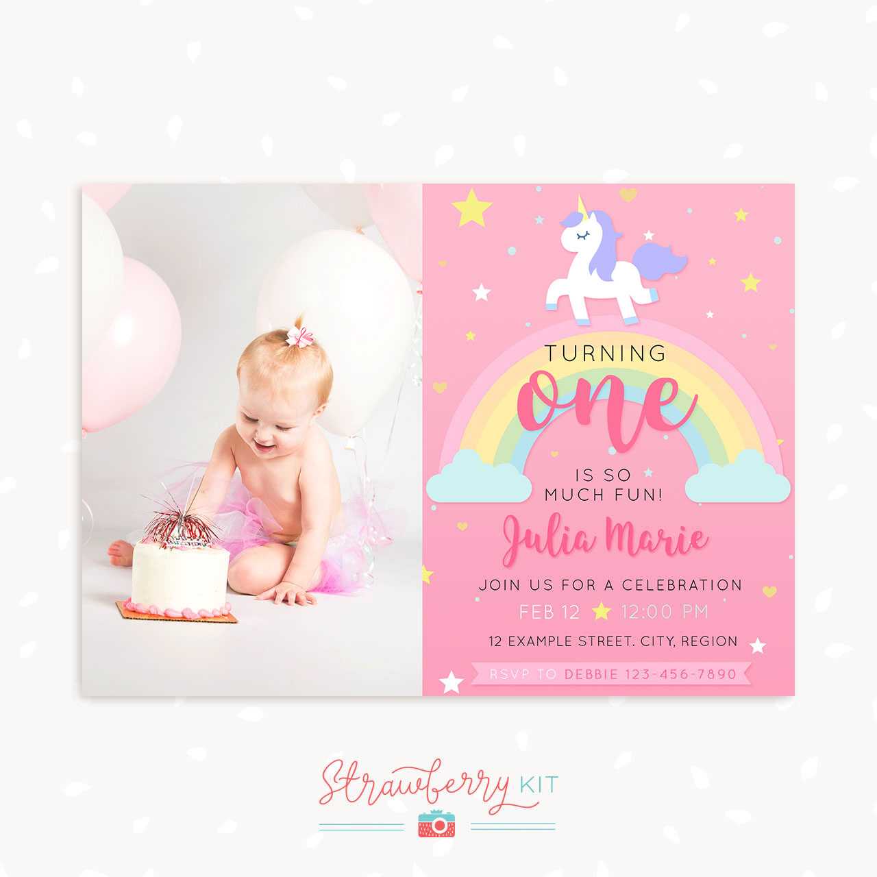 Unicorn First Birthday Invitation Template With Photo Throughout First Birthday Invitation Card Template