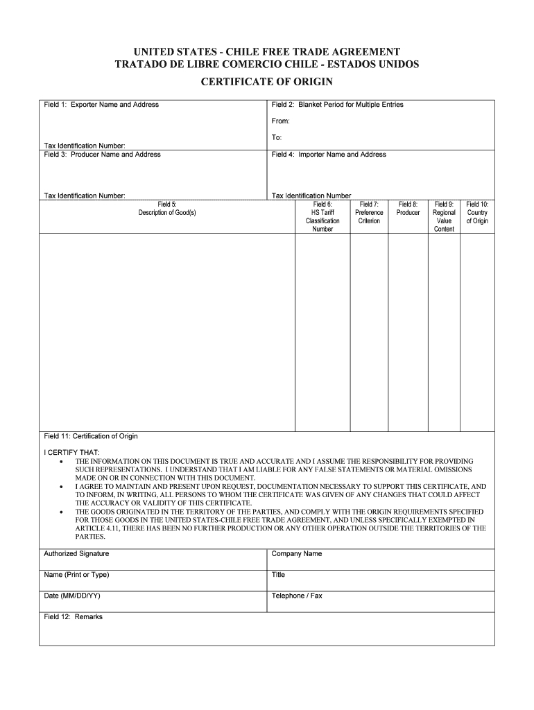 United States Chile Trade Agreement Form – Fill Online Inside Certificate Of Origin For A Vehicle Template