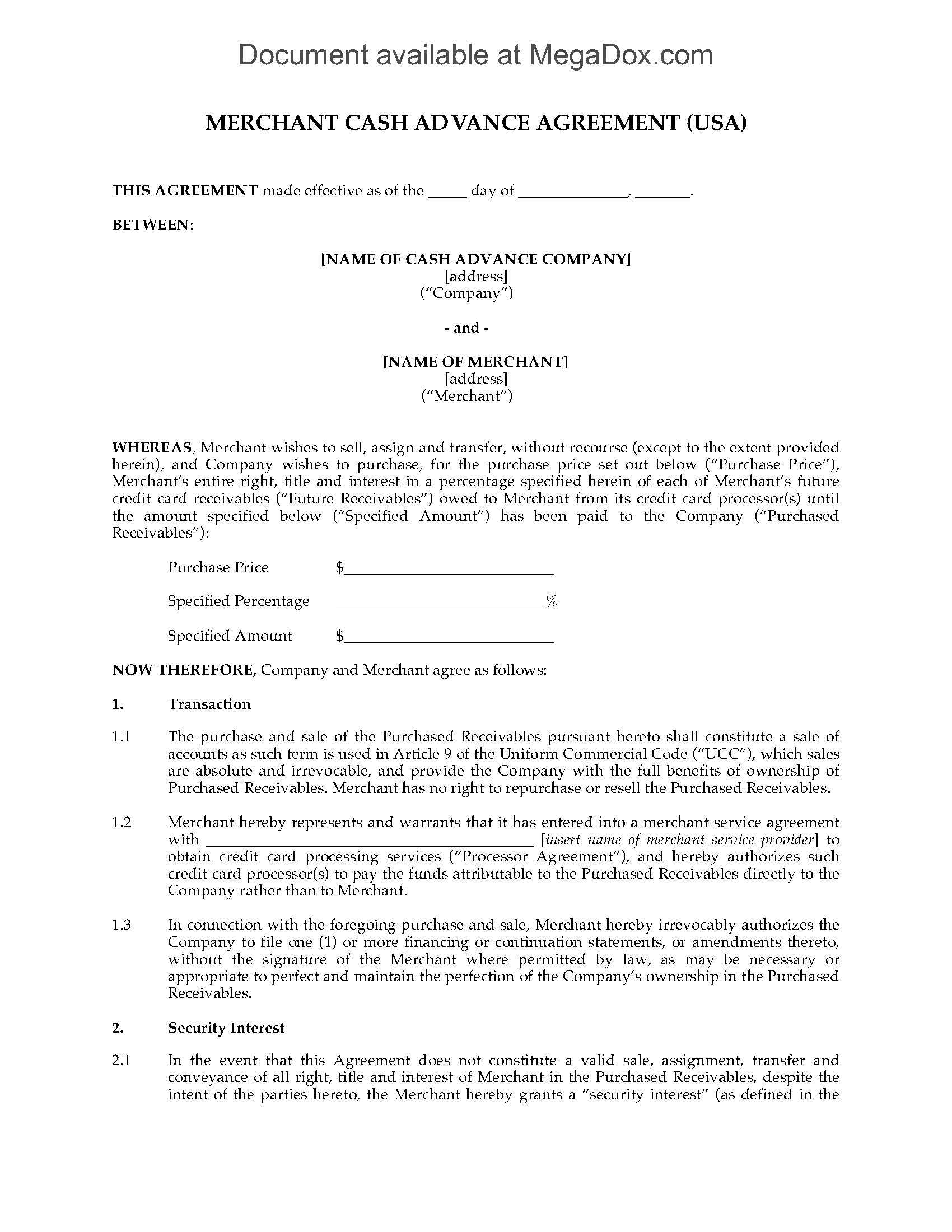 Usa Merchant Cash Advance Agreement For Corporate Credit Card Agreement Template