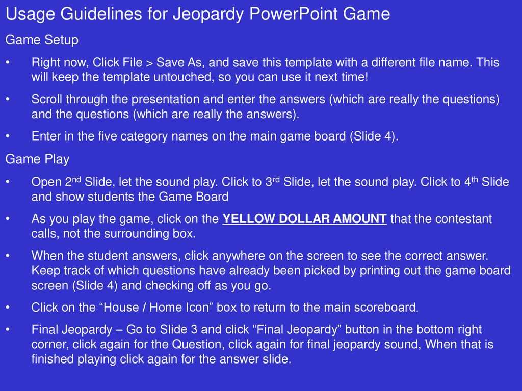 Usage Guidelines For Jeopardy Powerpoint Game – Ppt Download Inside Jeopardy Powerpoint Template With Sound