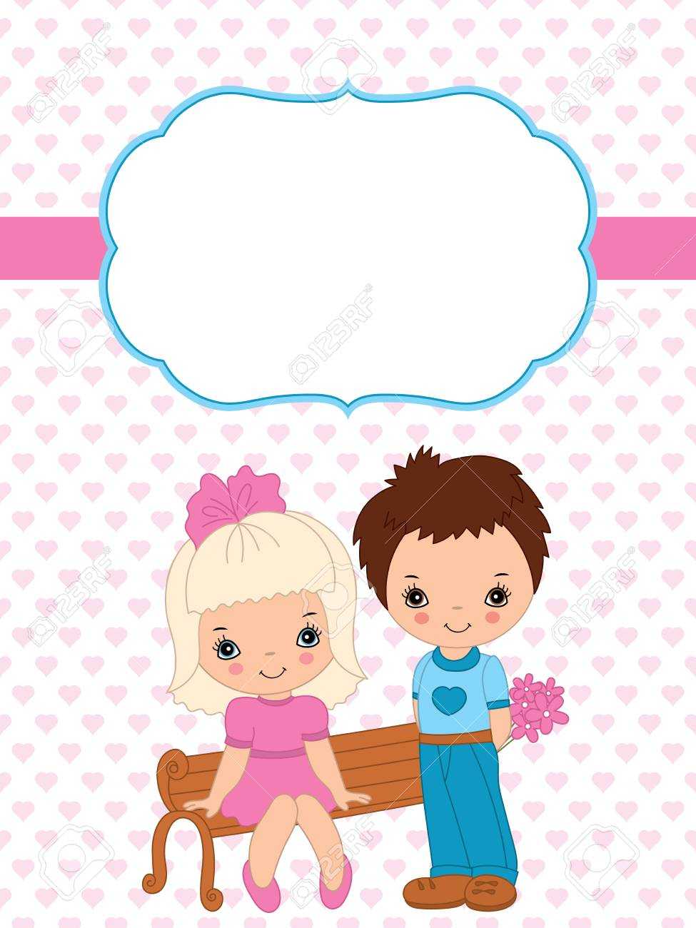 Valentine's Card Vector Template With Cute Little Kids On Hearts.. With Valentine Card Template For Kids