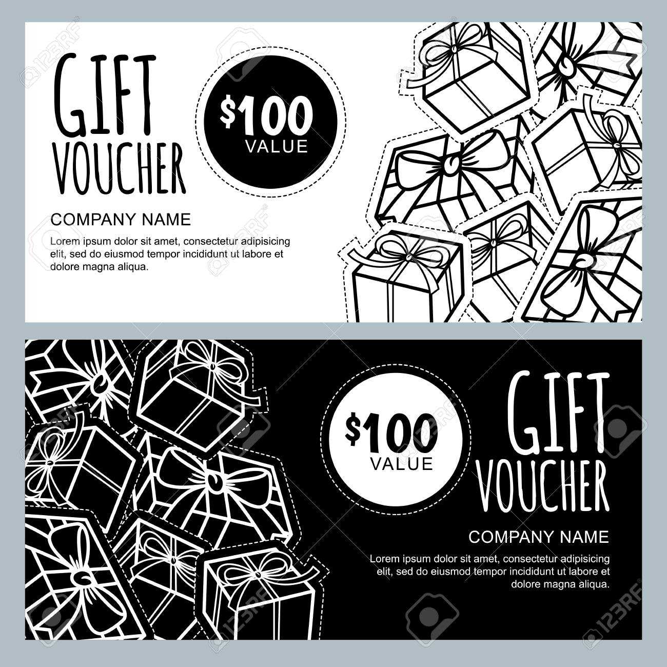 Vector Gift Voucher Template With Gift Box Patches And Stickers With Black And White Gift Certificate Template Free