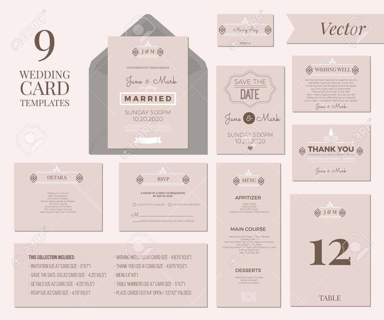 Vintage Minimal Wedding Invitation Card Collection Set Template.. Intended For Place Card Size Template
