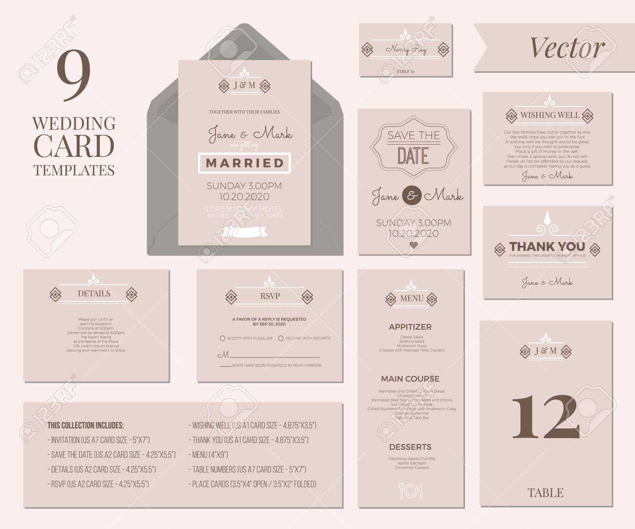 Vintage Minimal Wedding Invitation Card Collection Set Template.. Within Wedding Card Size Template