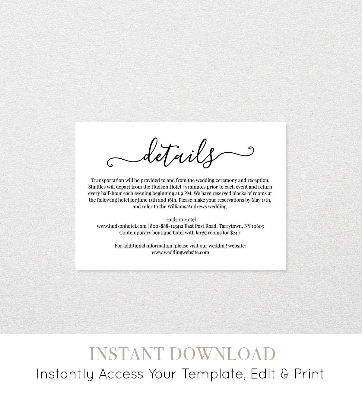 Wedding Details Card Template, Printable Accommodations With Regard To Wedding Hotel Information Card Template
