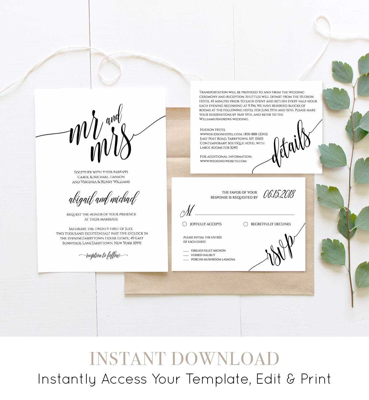 Wedding Invitation Template, Instant Download, Rustic In Wedding Hotel Information Card Template