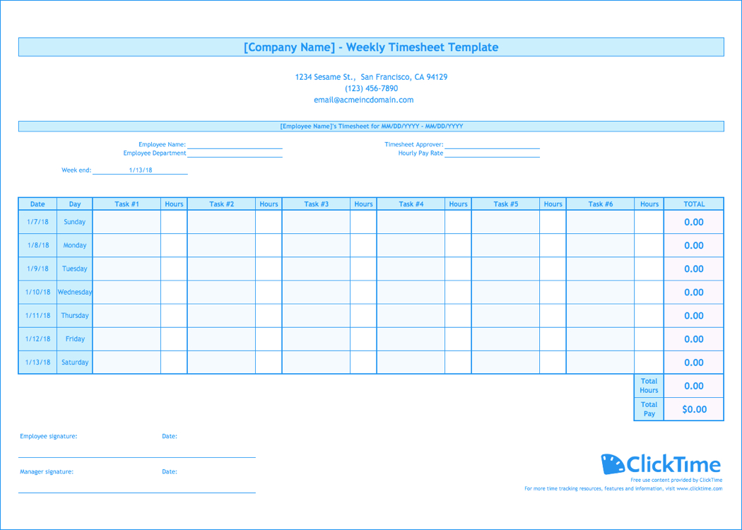 Weekly Timesheet Template | Free Excel Timesheets | Clicktime Intended For Weekly Time Card Template Free