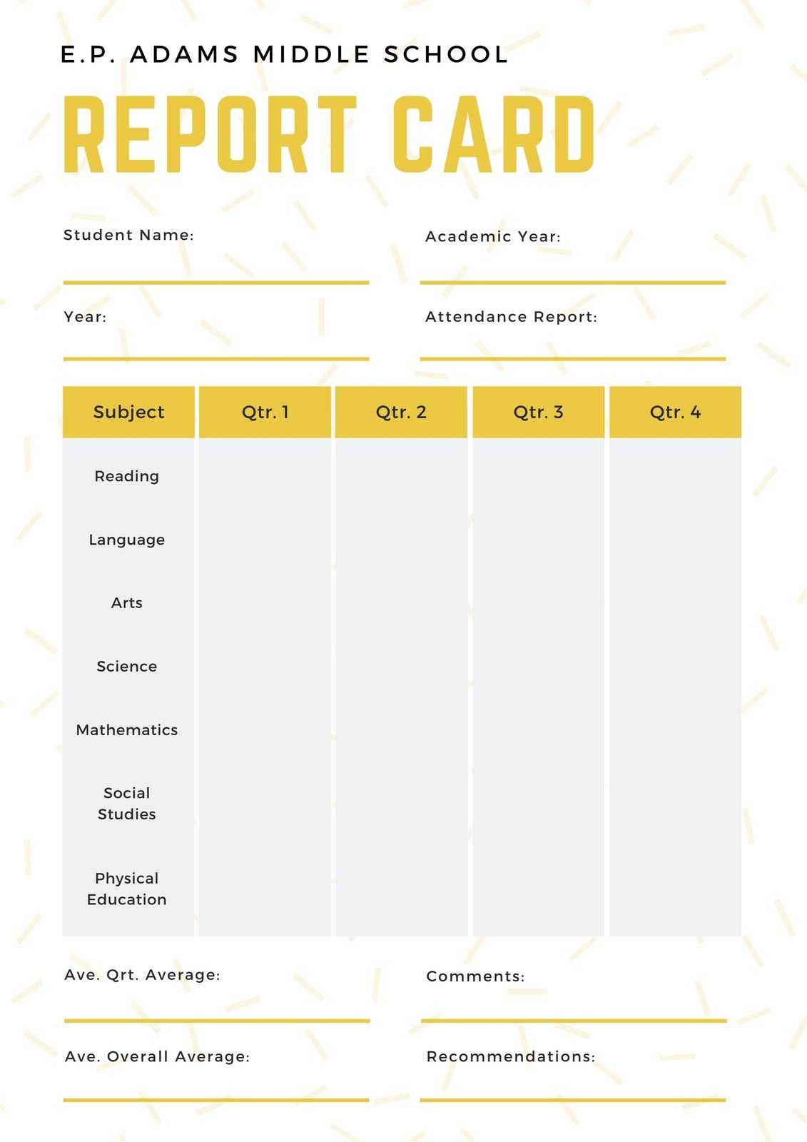 White And Yellow Simple Sprinkled Middle School Report Card For Boyfriend Report Card Template