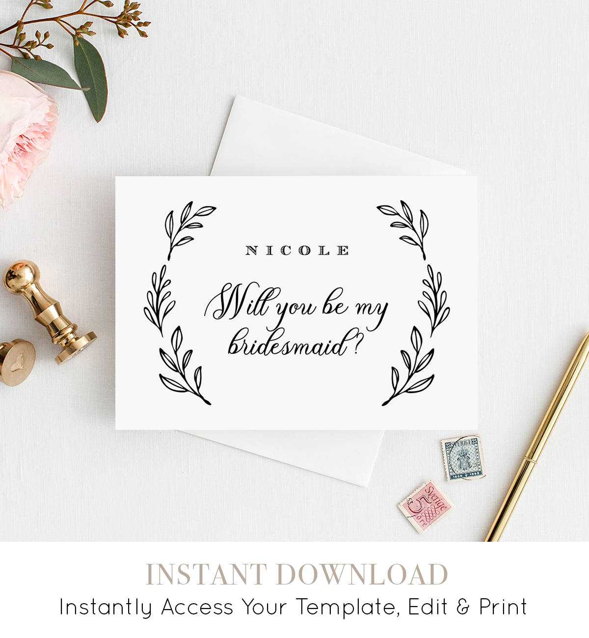 Will You Be My Bridesmaid Card, Instant Download For Will You Be My Bridesmaid Card Template