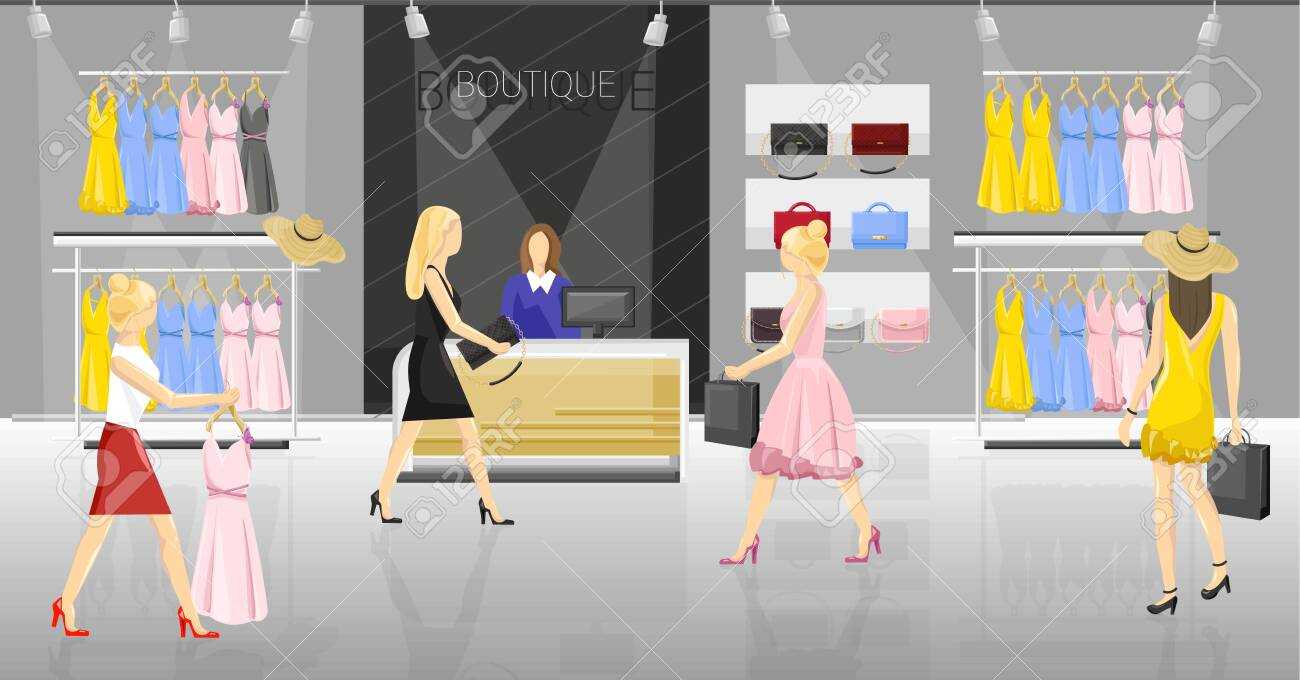 Women In A Fancy Store Vector. People Trying On Clothes And Accesories In Fancy Brochure Templates